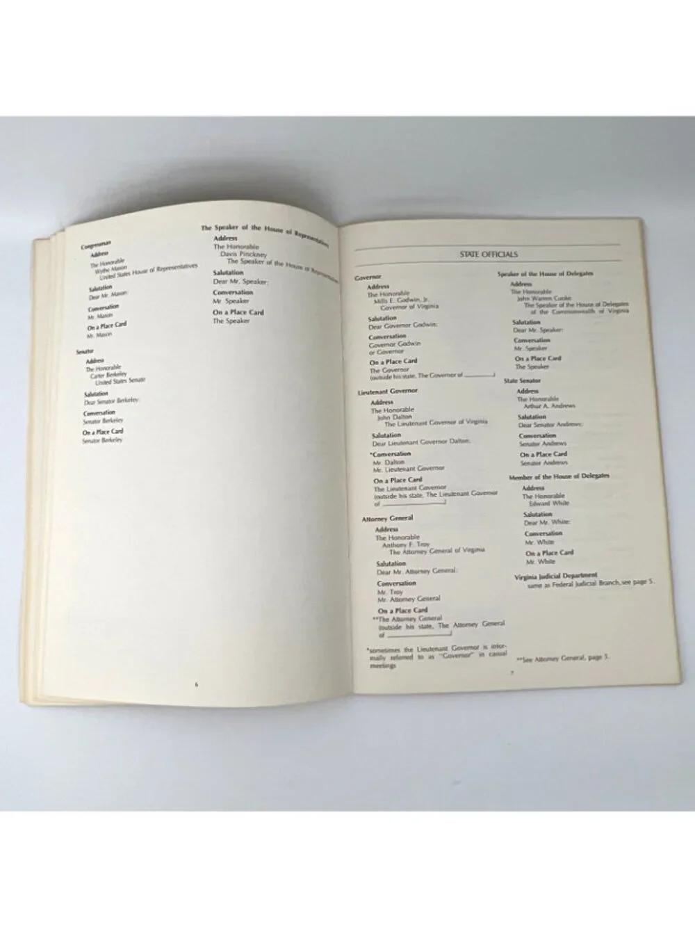 1977 Virginia State Practical Protocol Guide Governor Mills E Godwin Booklet